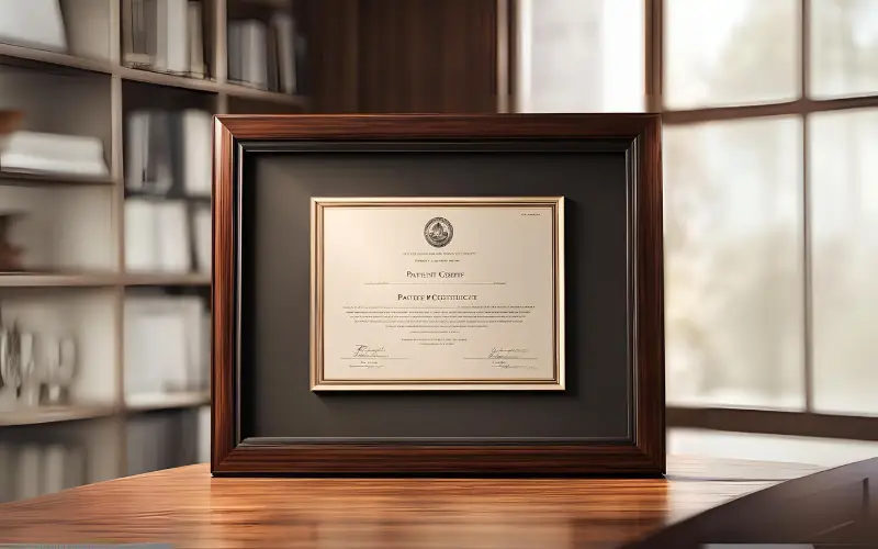 a framed patent certificate on a desk