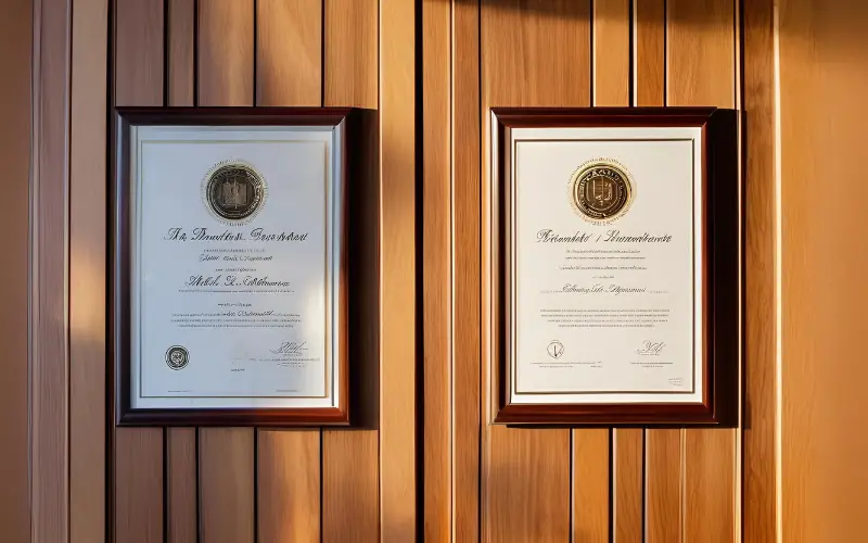 two framed trademark certificates on a wall